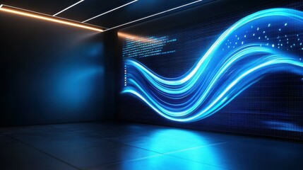 Poster - Blue abstract wave patterns illuminate a modern, sleek interior space.