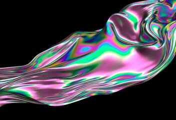 Poster - Colorful abstract 3D illustration of iridescent flowing fabric with green, pink, and purple hues on a dark background, evoking a sense of movement and fluidity.