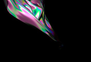 Poster - Colorful abstract 3D illustration of iridescent flowing fabric with green, pink, and purple hues on a dark background, evoking a sense of movement and fluidity.