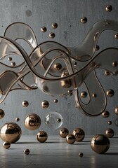 Poster - Abstract 3D Render: Golden Spheres and Glass Waves Dancing on Concrete