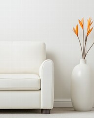 Poster - Elegant white couch complemented by a vibrant vase filled with fresh orange flowers in a bright room