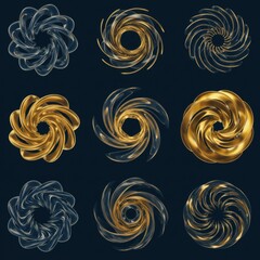 Poster - Abstract Golden and Blue Swirling Spiral Designs: A Collection of Nine Elegant Geometric Patterns