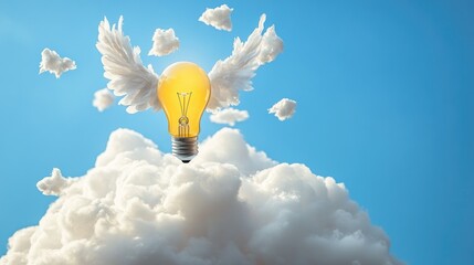 Poster - A glowing lightbulb with angelic wings flying above clouds, symbolizing idea freedom