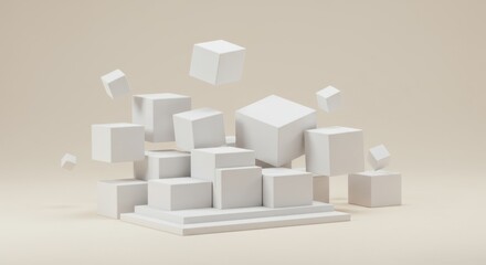 Poster - Abstract 3D Render of White Cubes in Motion: A Minimalist Composition of Geometric Shapes