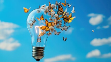 Poster - A lit bulb releasing a cloud of butterflies into a blue sky, symbolizing innovation