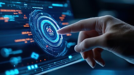 Poster - Close-up of a hand interacting with a futuristic digital interface.
