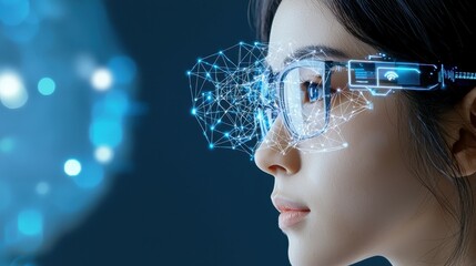 Poster - Young Asian woman with augmented reality glasses showcasing innovative technology.