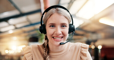 Poster - Happy woman, portrait and consultant with headset at call center for online communication or advice. Face, female person or friendly agent with smile in POV for CRM or customer service at workplace