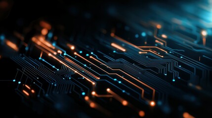 Fototapete - Abstract blue and orange circuit board design with intricate patterns and glowing elements.