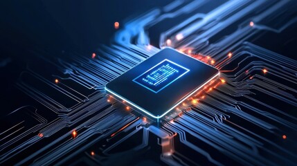 Poster - Close-up of a futuristic microchip with glowing circuits and digital patterns.