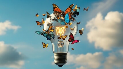 Poster - A surreal image of a lightbulb with butterflies replacing the filament, fluttering away