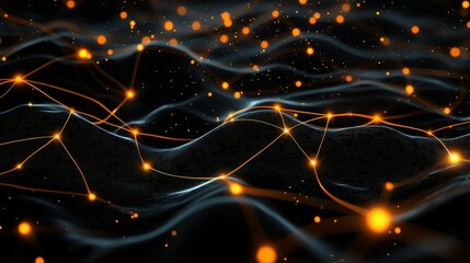 Poster - Abstract network of glowing lines and dots against a dark background.