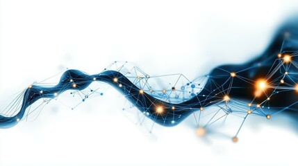 Fototapete - Abstract blue and orange digital wave with glowing nodes and connections.