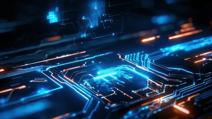 Fototapete - Abstract blue and orange circuit board with glowing lights and intricate designs.