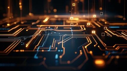 Poster - Abstract close-up of a futuristic circuit board with glowing blue and orange lines.