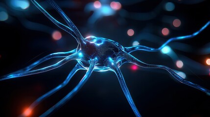 Poster - Close-up view of a glowing neuron with intricate connections in a dark background.