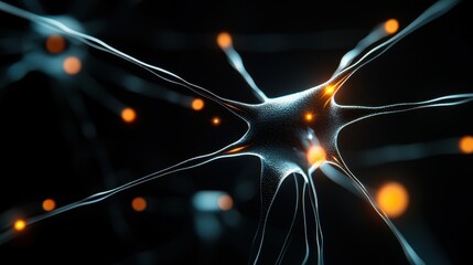 Poster - Close-up of a glowing neuron with intricate connections in a dark background.