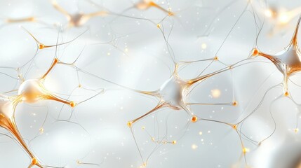 Poster - Close-up of interconnected neurons with glowing orange accents on a soft white background.