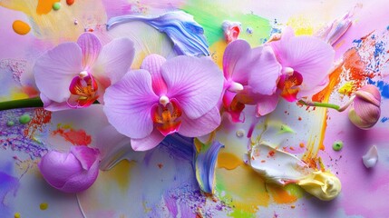 Aufkleber - Artistic composition of purple and pink orchids in full bloom, watercolor medium with gentle brush details