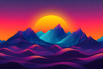 Poster - Vibrant sunset over stylized, colorful mountain peaks.