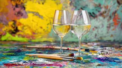 Poster - Artistic setup with a glass of white wine and paintbrushes on a vibrant painted surface, bright composition