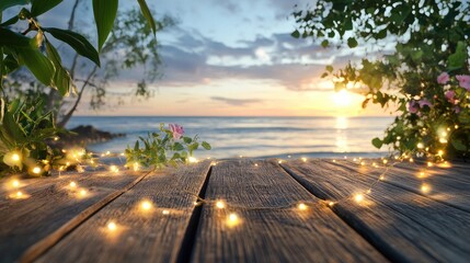 Aufkleber - Bamboo terrace overlooking a still ocean, with ambient bokeh lights creating a calm beach vibe