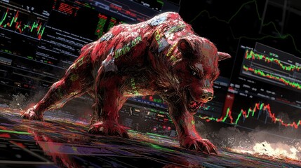 Poster - Bear standing triumphantly as stock market dives behind it, bull defeated below