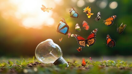 Poster - Butterflies of different hues escaping from a bulb, floating in the morning sun