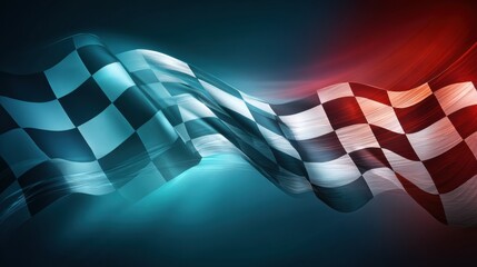 Leinwandbilder - Waving Glowing Checkered Flag Creating Dynamic Energy Against a Bold Gradient Background During a Racing Event