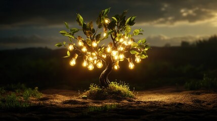 Poster - Conceptual tree with illuminated lightbulbs growing instead of leaves