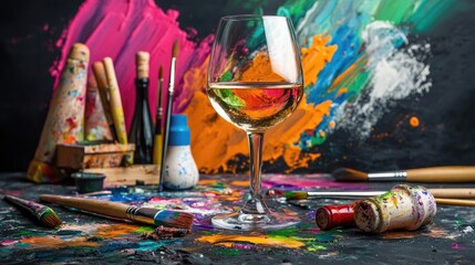 Poster - Elegant scene showing a glass of wine next to artistic tools and colorful paint smears in background