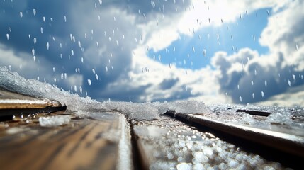 Poster - Ice buildup on damaged roof during active hailstorm, storm clouds overhead
