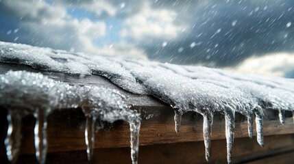 Poster - Ice buildup on damaged roof during active hailstorm, storm clouds overhead