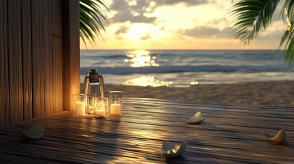 Poster - Ocean waves lapping gently beyond bamboo flooring, subtle lights glowing in a peaceful ambiance