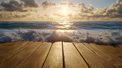 Poster - Ocean waves lapping gently beyond bamboo flooring, subtle lights glowing in a peaceful ambiance