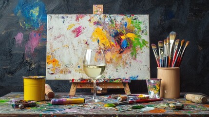 Poster - Painter table with white wine and a set of brushes, colorful smudges and textures as backdrop
