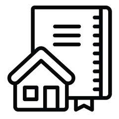Poster - Architect notebook and house line icon, architect studio concept. Vector graphics. Notepad with cottage, building sign on white background, style mobile or design.