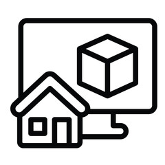 Fototapete - Monitor with 3D square and house line icon, architect studio concept. Vector graphics. Display with 3D building program sign on white background, style mobile or design.