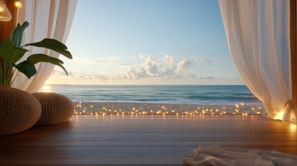 Poster - Serene beach view framed by warm bamboo flooring and fairy lights, ocean breeze in motion