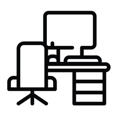 Fototapete - Desk with chair and desktop line icon, remote work concept. Vector graphics. Personal workplace with computer sign on white background, style mobile or design.