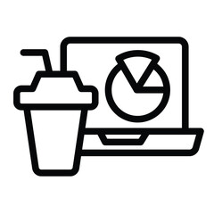 Poster - Laptop with diagram pie and coffee cup line icon, remote work concept. Vector graphics. Marketer job sign on white background, style mobile or design.
