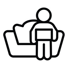 Fototapete - Man with laptop on sofa line icon, remote work concept. Vector graphics. Person sitting on couch with computer sign on white background, style mobile or design.