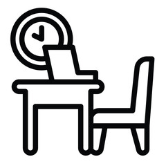 Fototapete - Table with chair and laptop line icon, remote work concept. Vector graphics. Personal workplace with computer and clock sign on white background, style mobile or design.