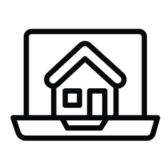 Fototapete - Laptop screen with home house line icon, remote work concept. Vector graphics. Display and cottage building sign on white background, style mobile or design.