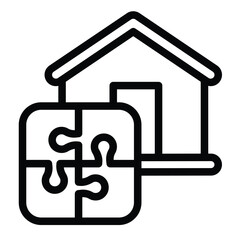 Poster - House and puzzle line icon, remote work concept. Vector graphics. Cottage building with puzzle piece, logic game sign on white background, style mobile or design.