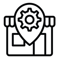 Poster - Shop with cogwheel gear on location pin line icon, repair service concept. Vector graphics. Workshop house sign on white background, style mobile or design.