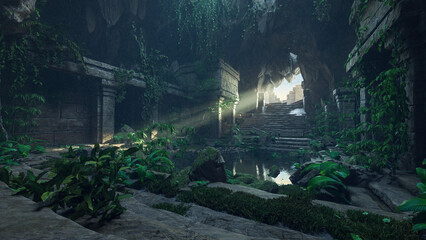 Aufkleber - Fantasy underground temple ruin underground with ray of sunlight shining through an entrance at the top of stone steps. 3D rendered illustration.