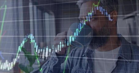 Poster - mature man drinking coffee at desk, analyzing financial candlestick overlays with percent labels