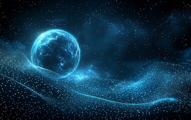 Wall Mural - a cosmic orb floats amidst a starry night, illuminating a digital wave