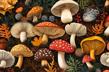 Poster - A detailed illustration of various mushroom species nestled amidst autumnal foliage.